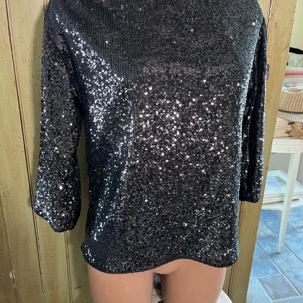 A.L.C. Black Sequin Zoey Boat Neck Fun Shimmer Sparkle Party Blouse Top Size 0 - Picture 4 of 12